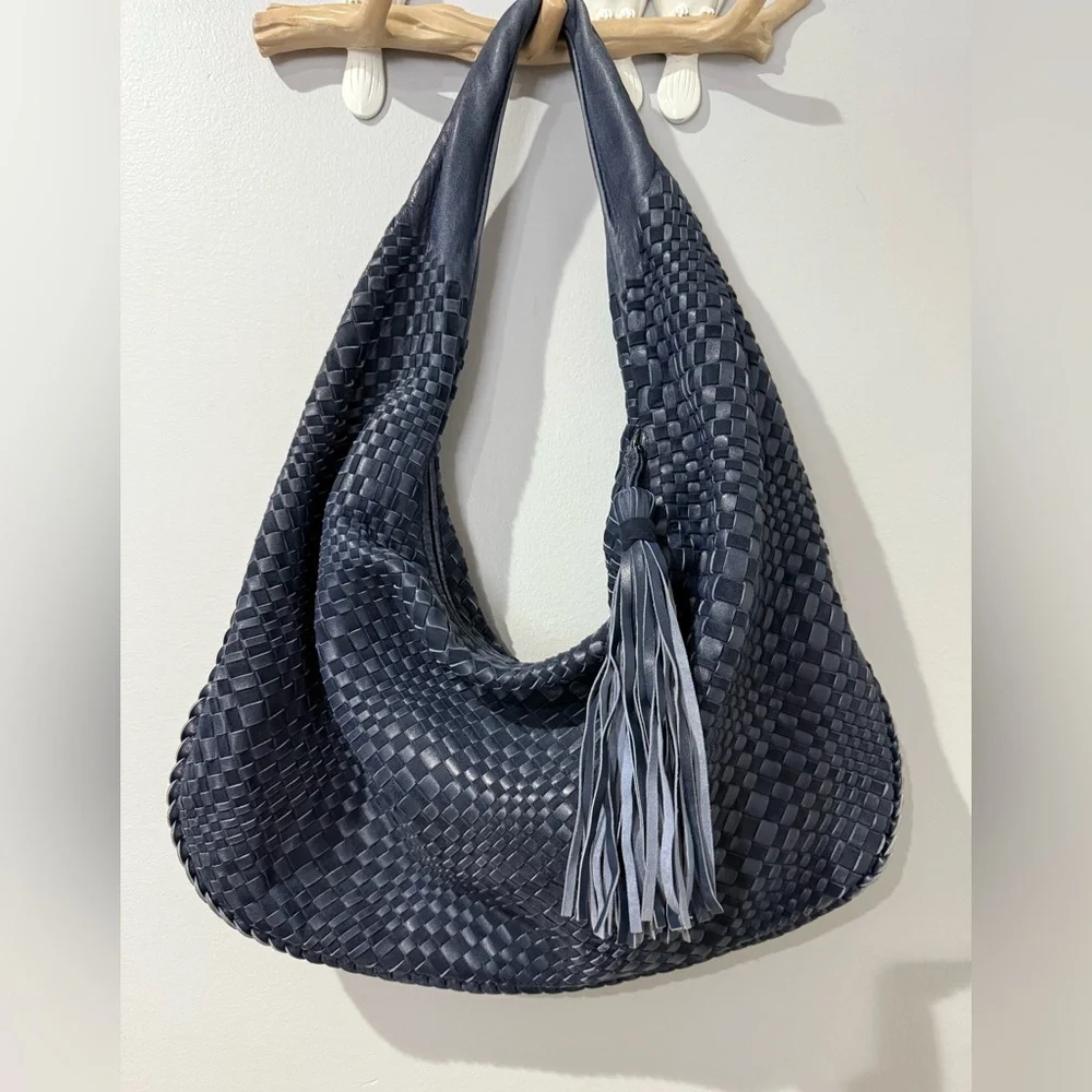 Jennifer Tattanelli Navy Intreccio Woven‎ Leather Tote Bag Blue Slouchy Hobo